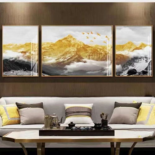 新款客廳臥室沙發(fā)背景墻裝飾畫現(xiàn)代輕奢有框畫簡(jiǎn)約三聯(lián)中式山水畫